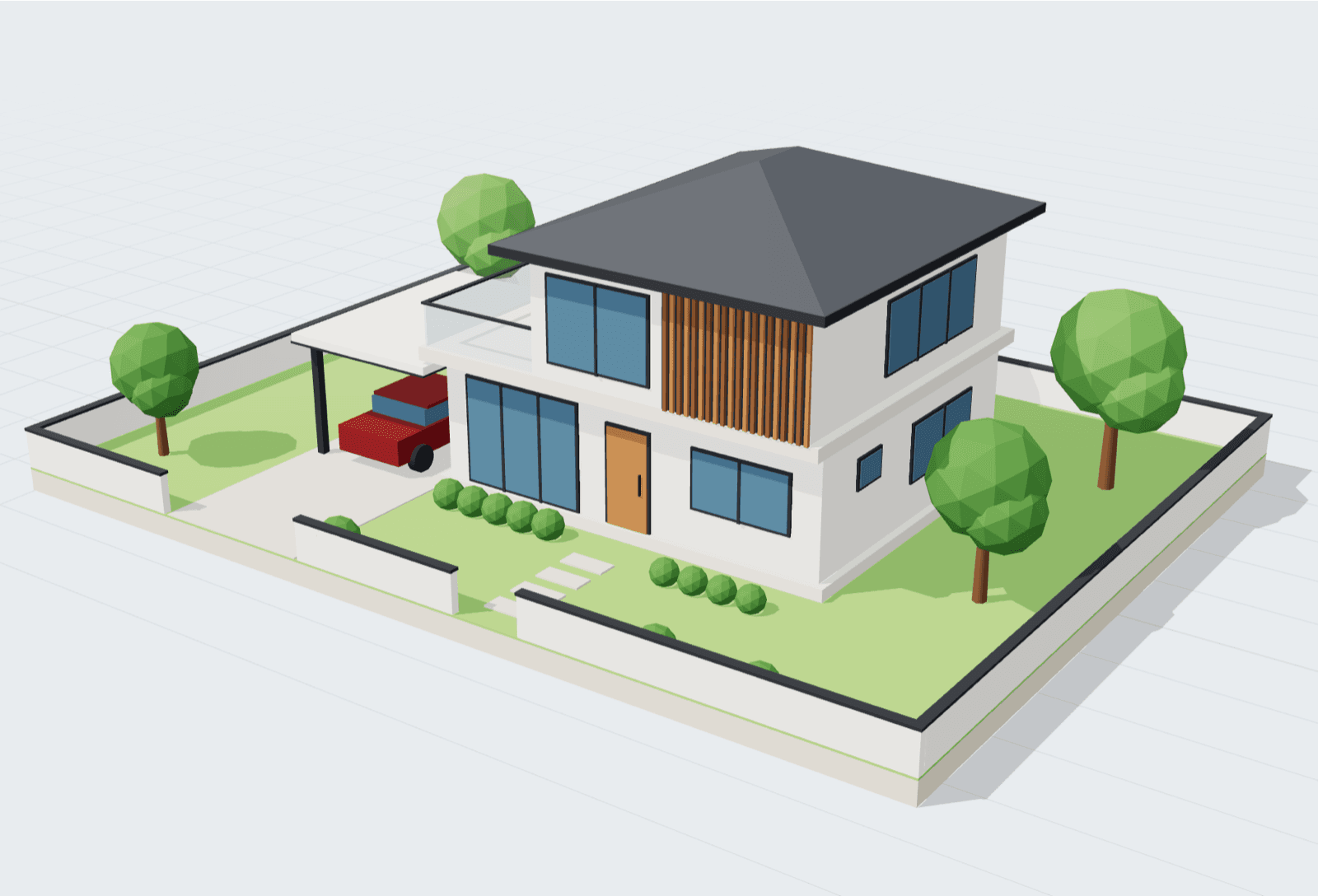 The sample 3D model house: a two-storey house with a carport and garden on its lot